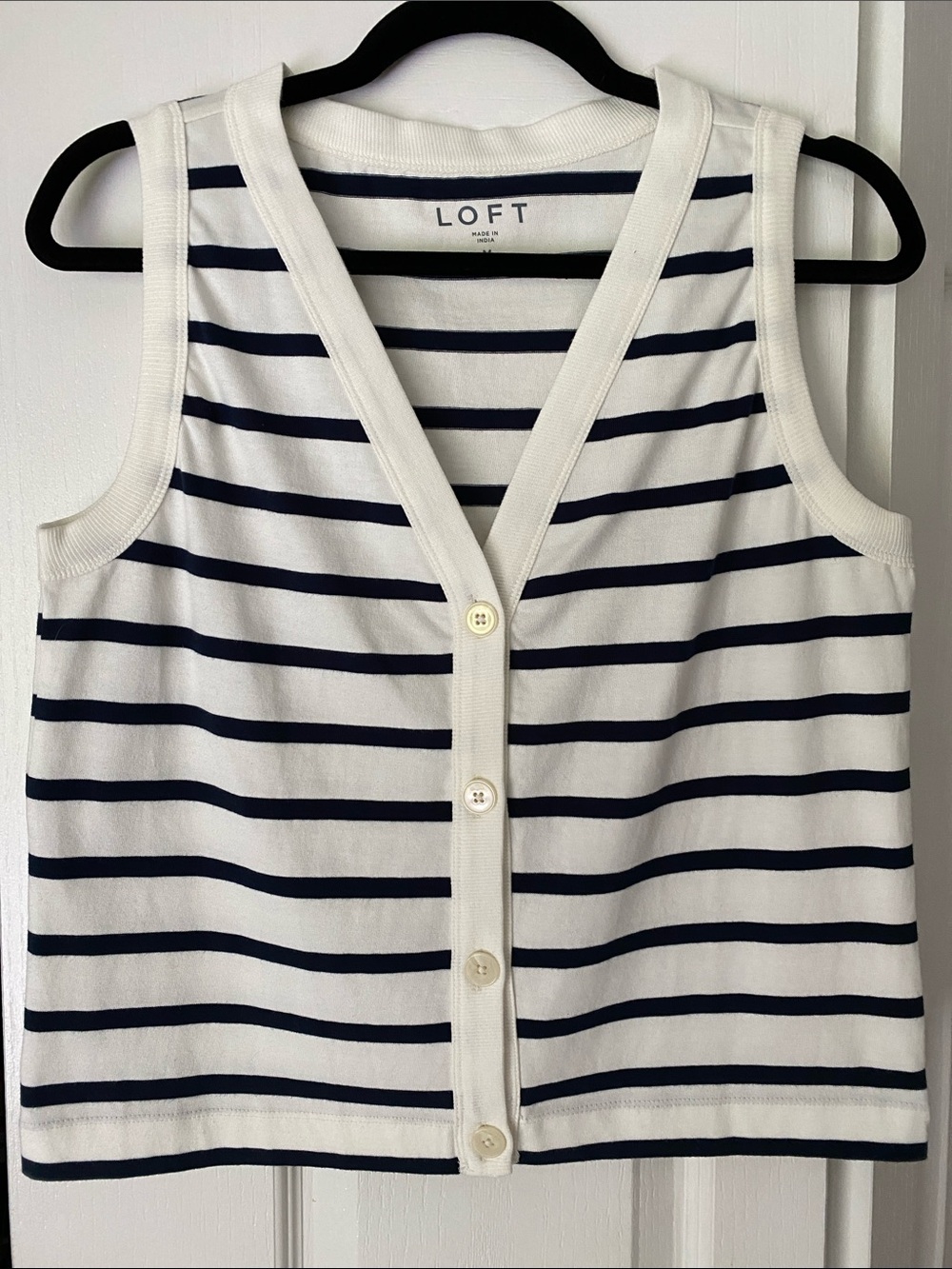 LOFT Navy & White Striped Button-Front Sleeveless Shell